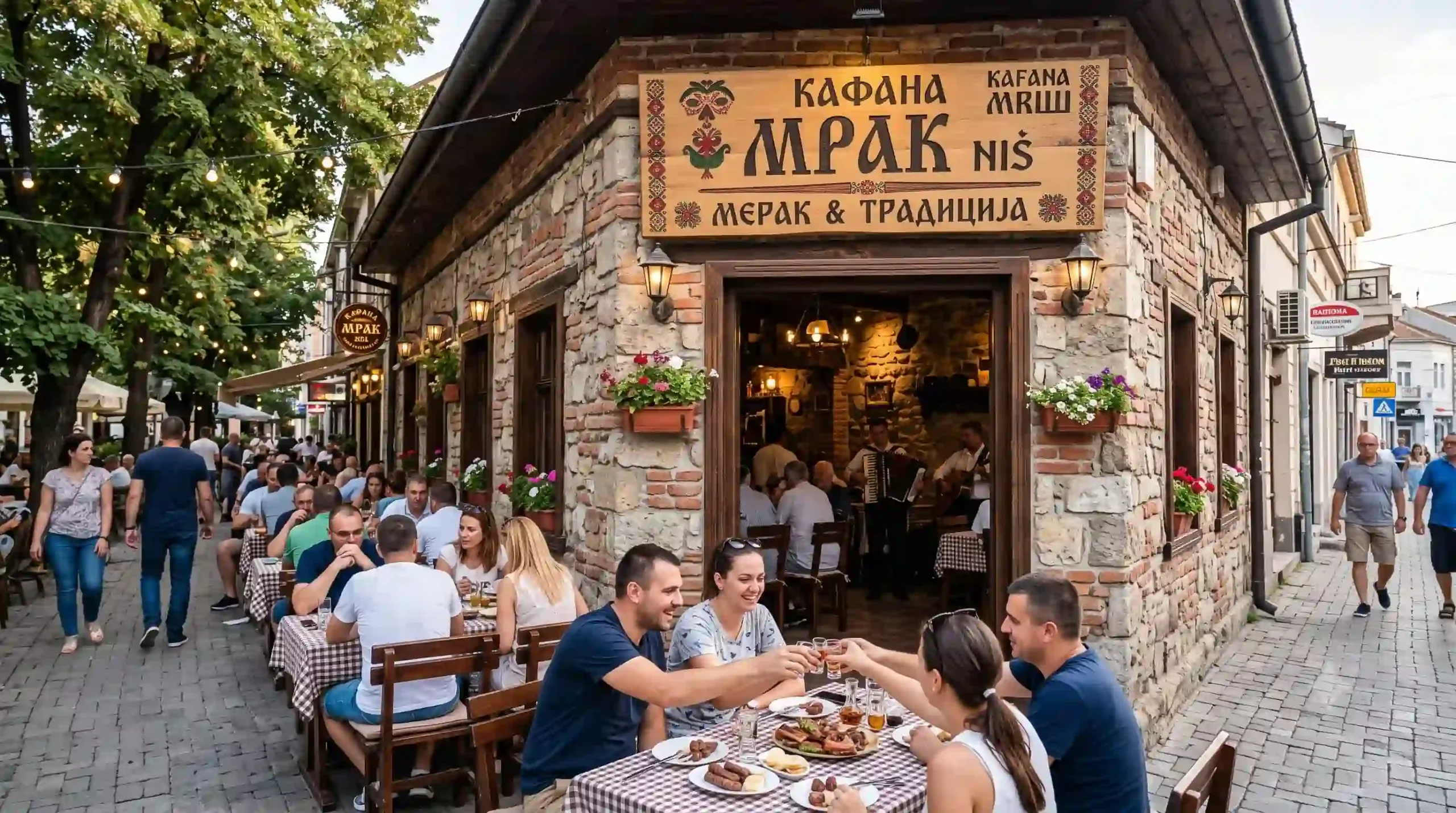 Autentični ulaѕ u tradicionalnu srpsku Kafanu Mrak u Nišu, sa gostima na ljetnoj terasi, tradicionalnom muzikom uživo i ćiriličnim natpisom na rustikalnoj zgradi od kamena i drveta.