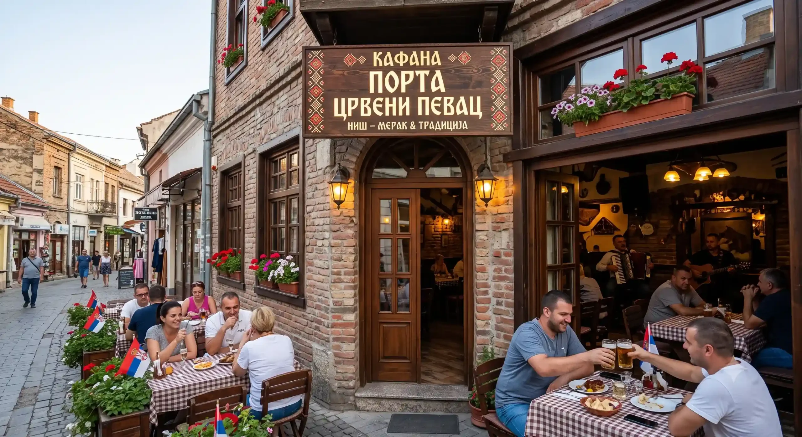 Ulaѕ u tradicionalnu etno kafanu Porta Crveni Pevac u Nišu, sa gostima u letnjoj bašti, živom muzikom i ćiriličnim natpisom.