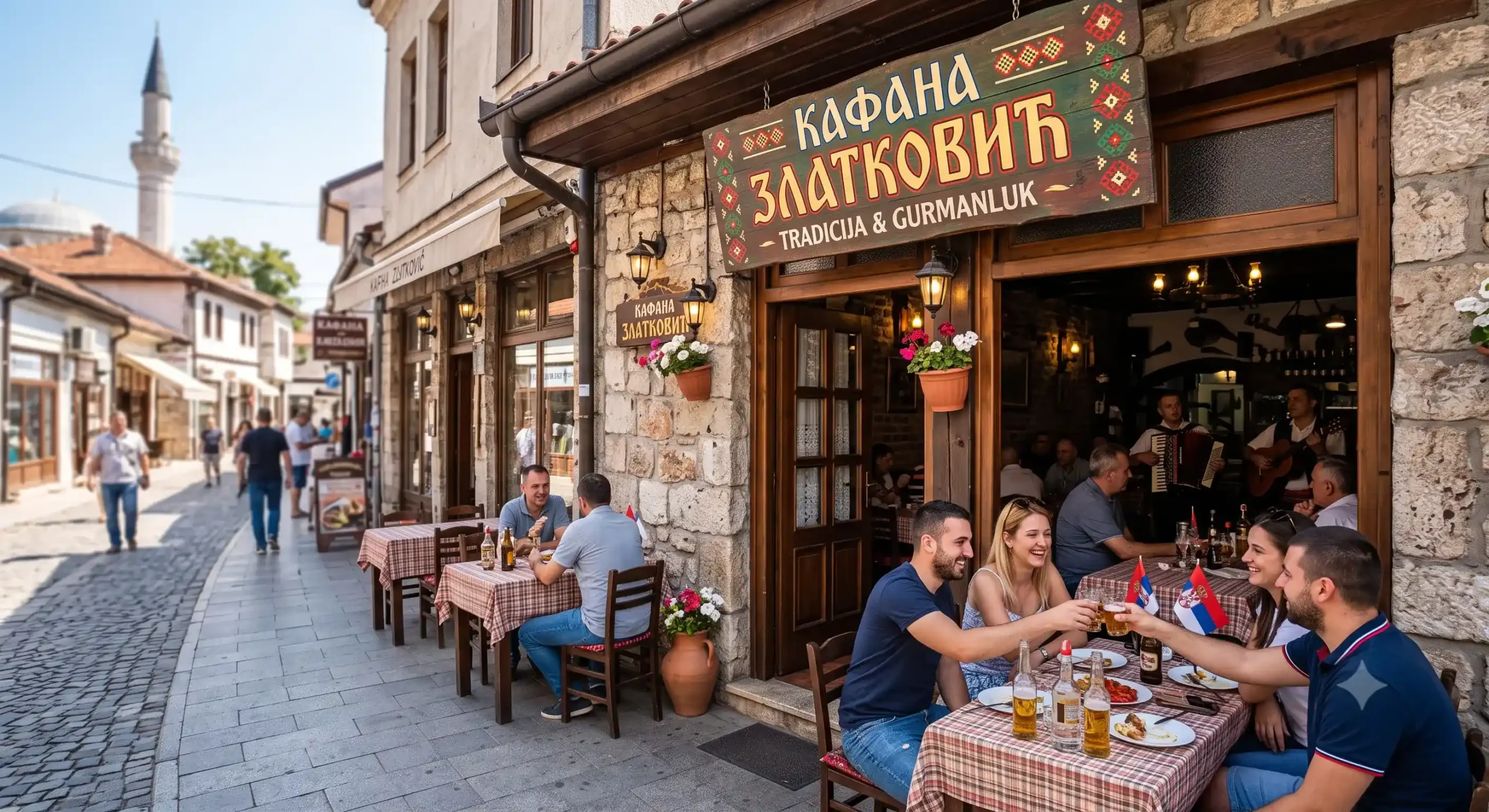 Autentična tradicionalna kafana „Zlatković” u Nišu (Srbija), gde gosti uživaju u hrani, piću i narodnoj muzici uživo, u rustičnom balkanskom ambijentu.