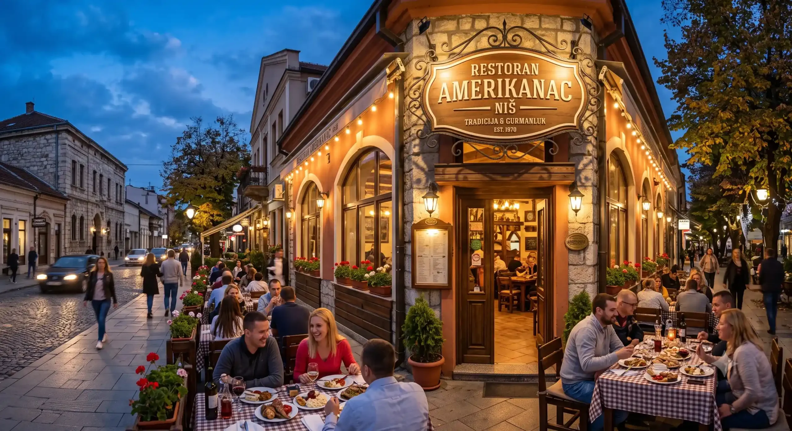 Udoban i topao tradicionalni ambijent restorana Amerikanac u Nišu, sa gostima koji uživaju u večeri uz sveće i domaće specijalitete, rustični kameni zidovi i drveni nameštaj.