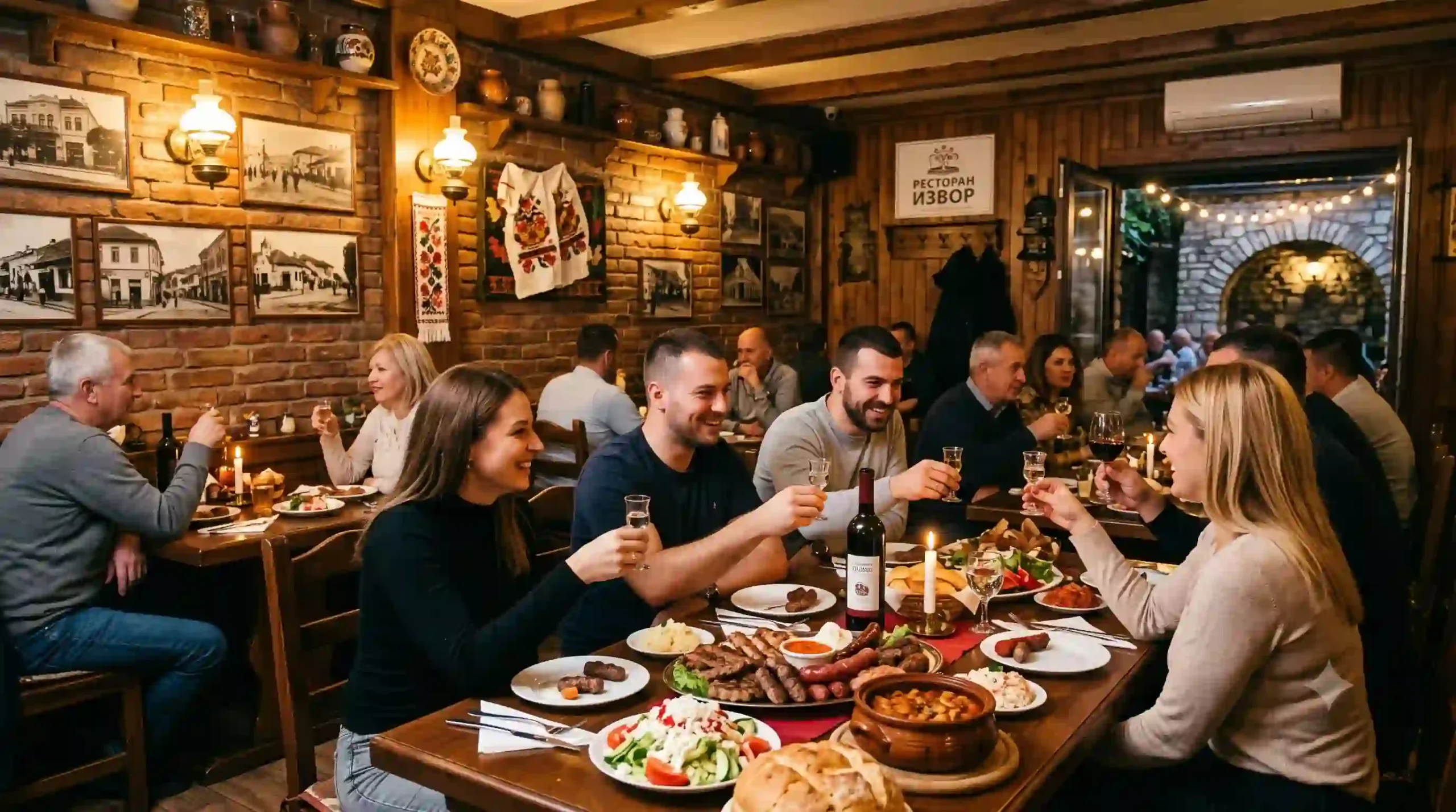 Autentična atmosfera u restoranu „Izvor” u Nišu (Srbija), gde gosti uživaju u tradicionalnoj balkanskoj hrani – poput ćevapa i pljeskavica sa roštilja, ajvara i domaćeg vina – u rustičnom ambijentu sa drvenim oblogama.