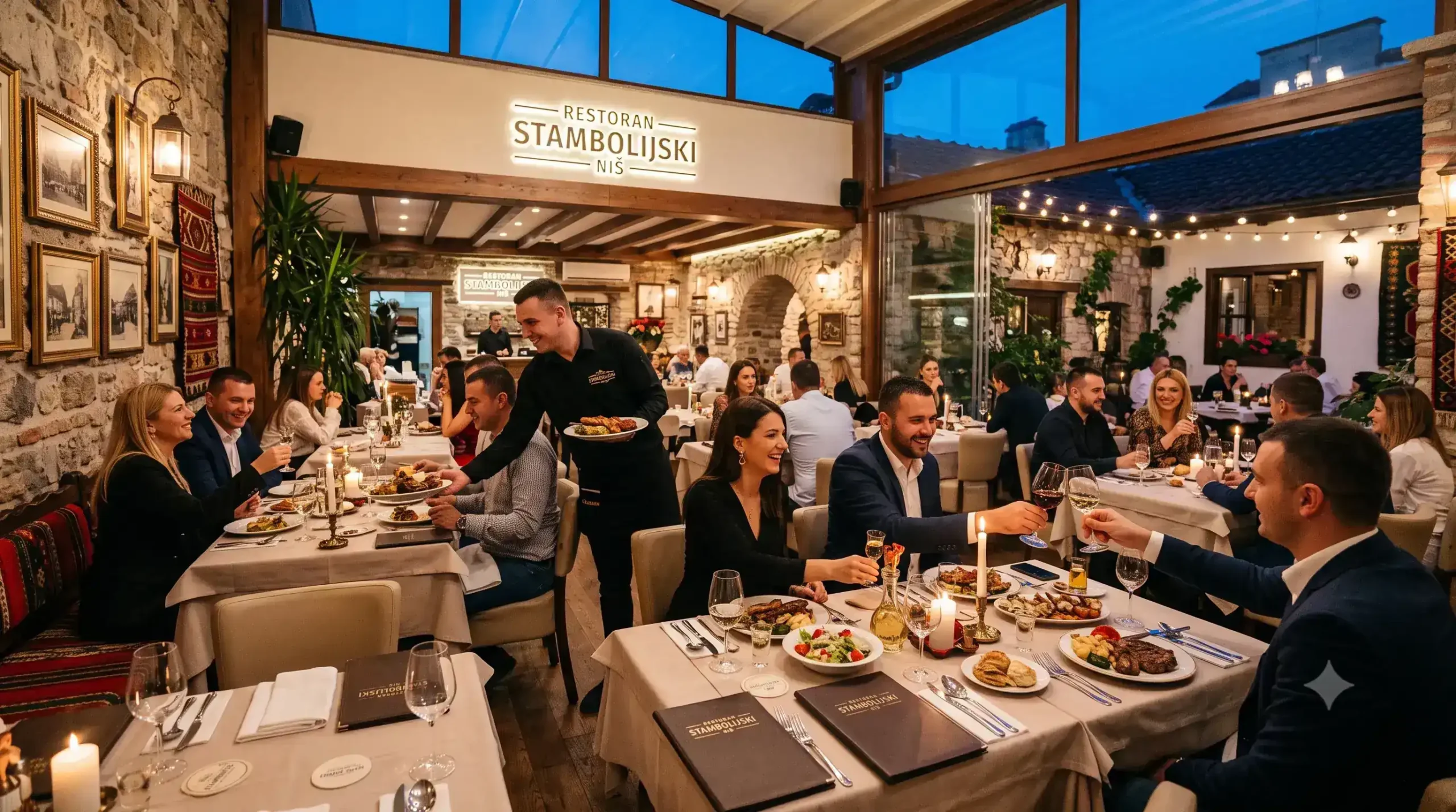 Topao i elegantan ambijent restorana Stambolijski u Nišu sa gostima koji uživaju u tradicionalnoj večeri i vinu uz sveće