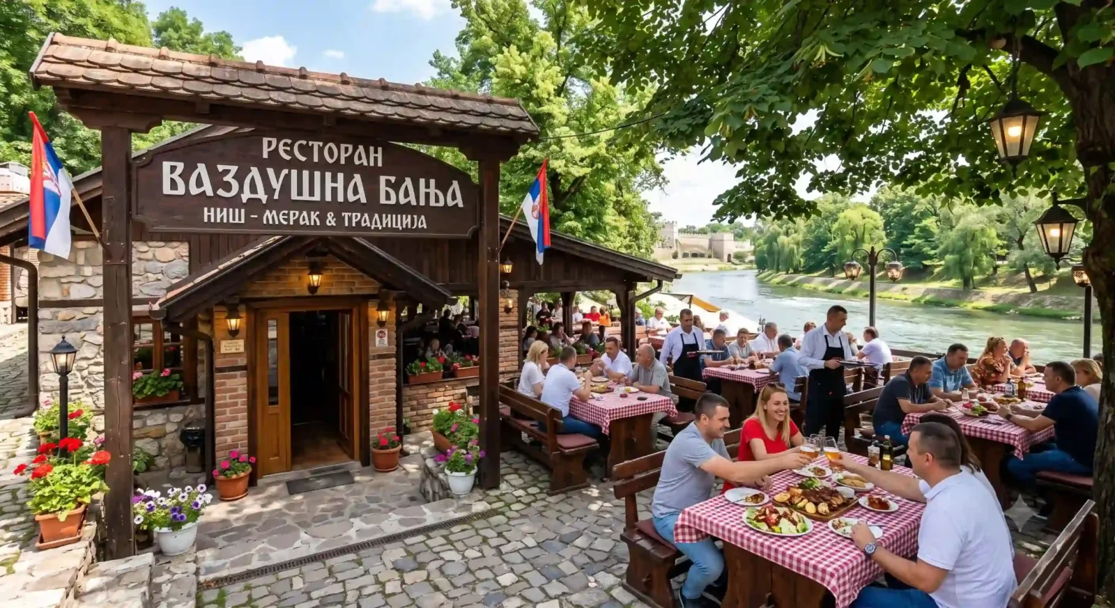 Ulaѕ u Restoran Vazdušna Banja u Nišu pored Nišave, sa gostima u letnjoj bašti, ćiriličnim natpisom i pogledom na reku i Tvrđavu.