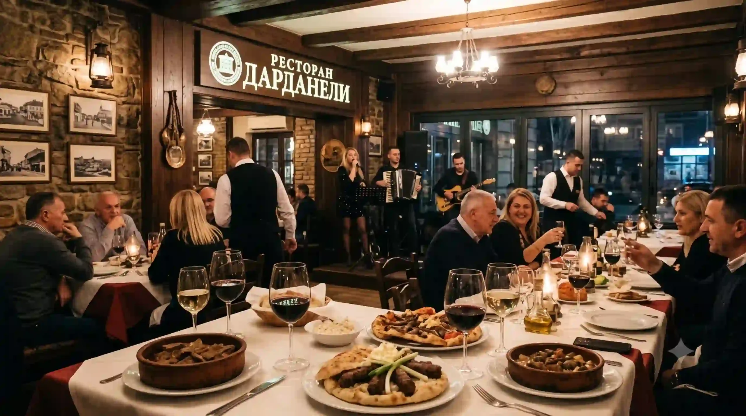 Živahan i autentičan ambijent restorana Dardaneli u Beogradu kod Slavije tokom večere, sa gostima koji uživaju u bogatoj trpezi tradicionalnih i balkanskih jela, muzičarima koji sviraju uživo na bini i osobljem koje ih uslužuje pod toplim, prigušenim osvetljenjem.