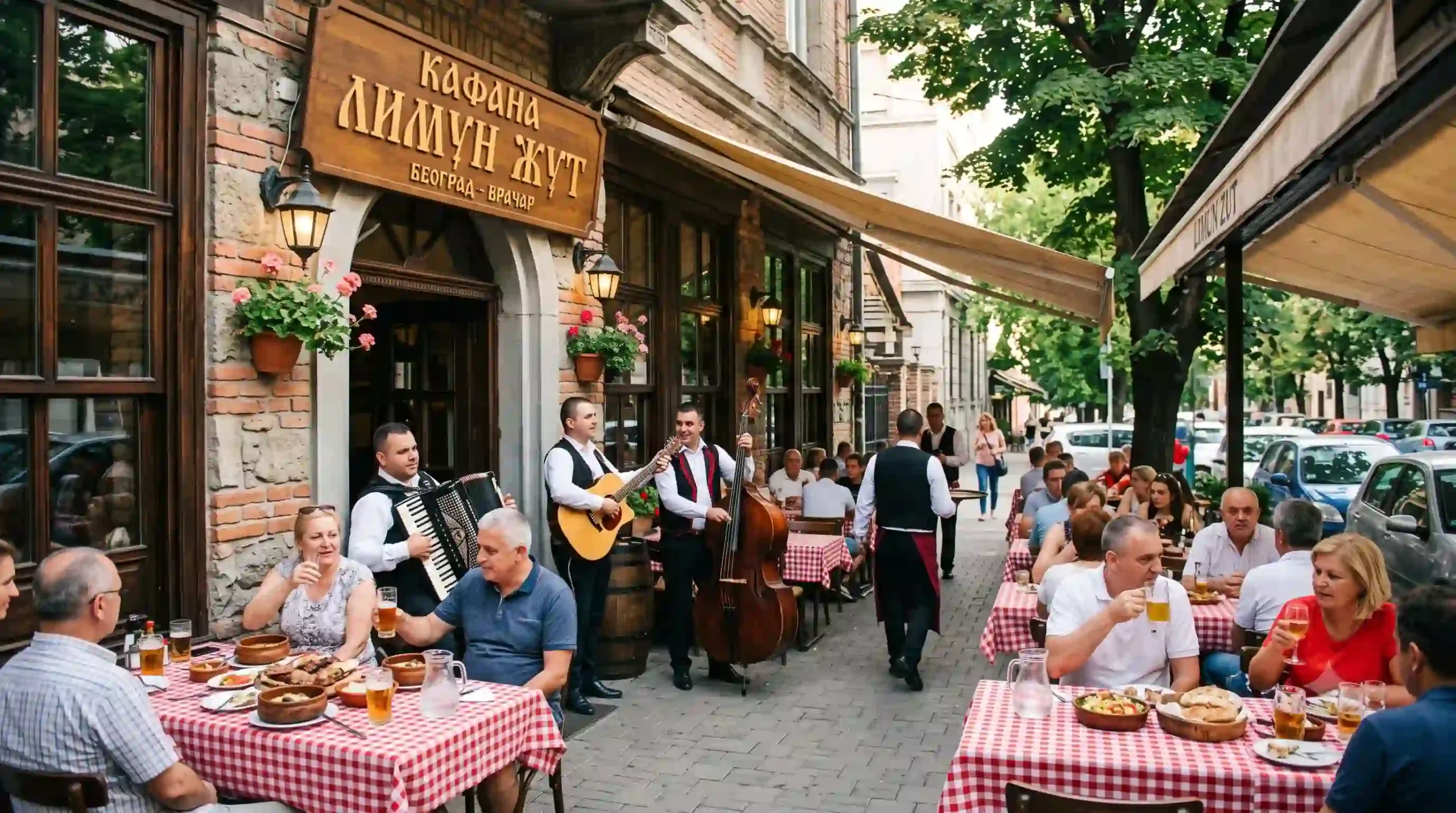 Živahna letnja bašta kafane Limun Žut na Vračaru u Beogradu, sa gostima koji ručaju za stolovima sa kariranim stolnjacima, tamburašima koji sviraju uživo ispred istorijskog ulaza i prolaznicima u pozadini.