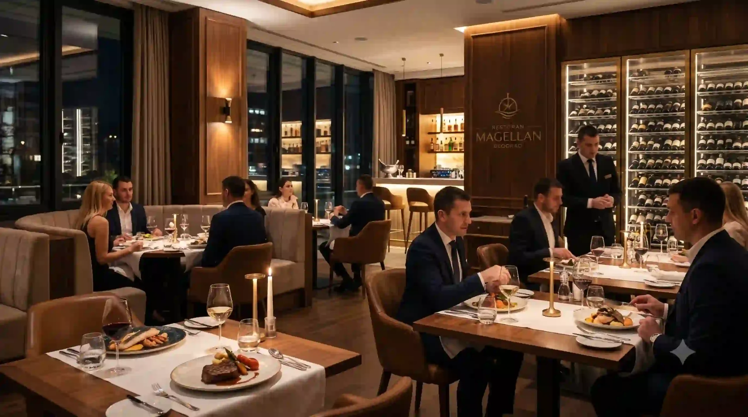 Elegantan i luksuzan ambijent restorana Magellan na Novom Beogradu tokom večere, sa gostima koji uživaju u fine dining specijalitetima, bogatom vinotekom u pozadini i prigušenim, toplim osvetljenjem.