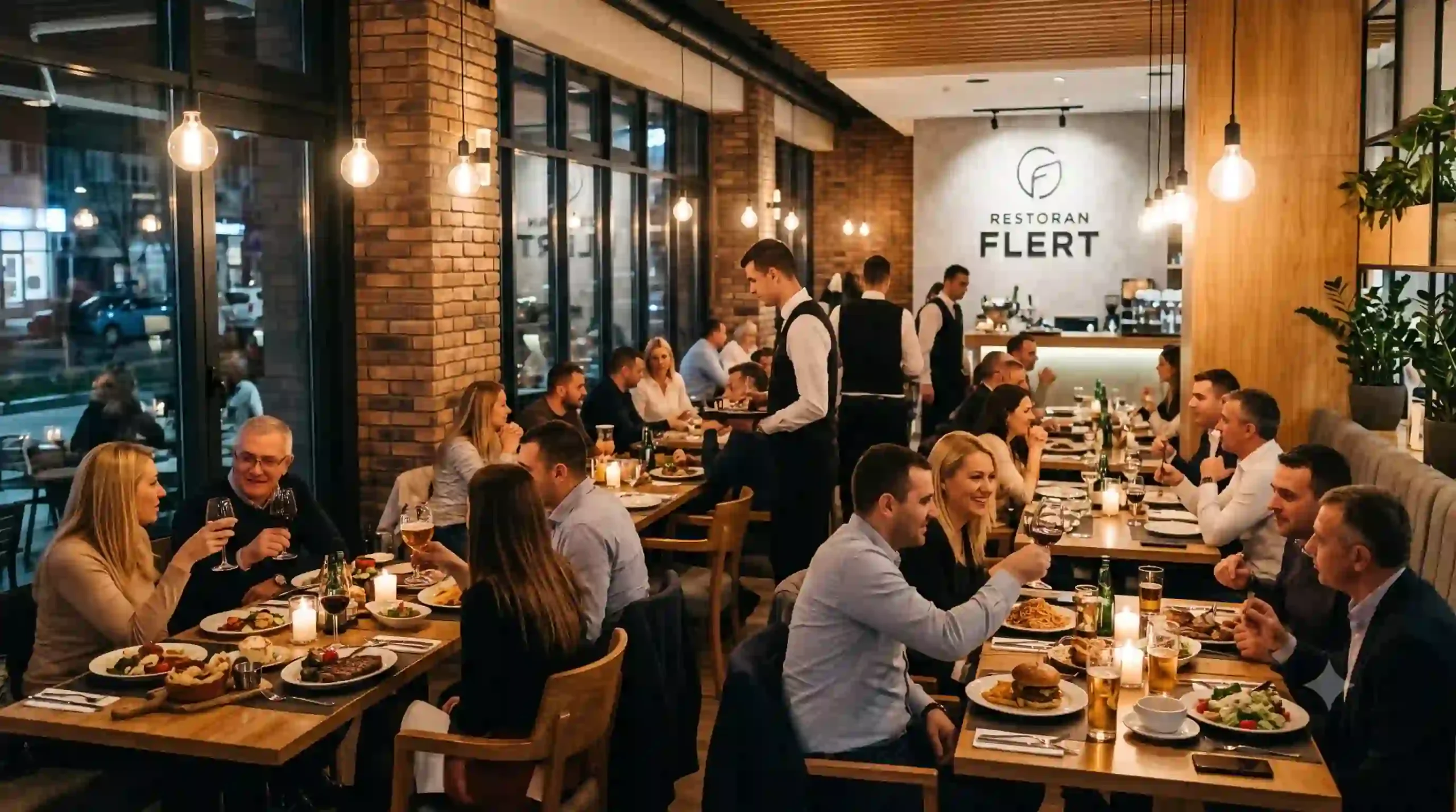 Živahan i moderan ambijent restorana Flert u Beogradu tokom večere, ispunjen gostima koji uživaju u internacionalnim jelima, piću i razgovoru u prostoru sa industriskim i drvenim detaljima pod toplim osvetljenjem.