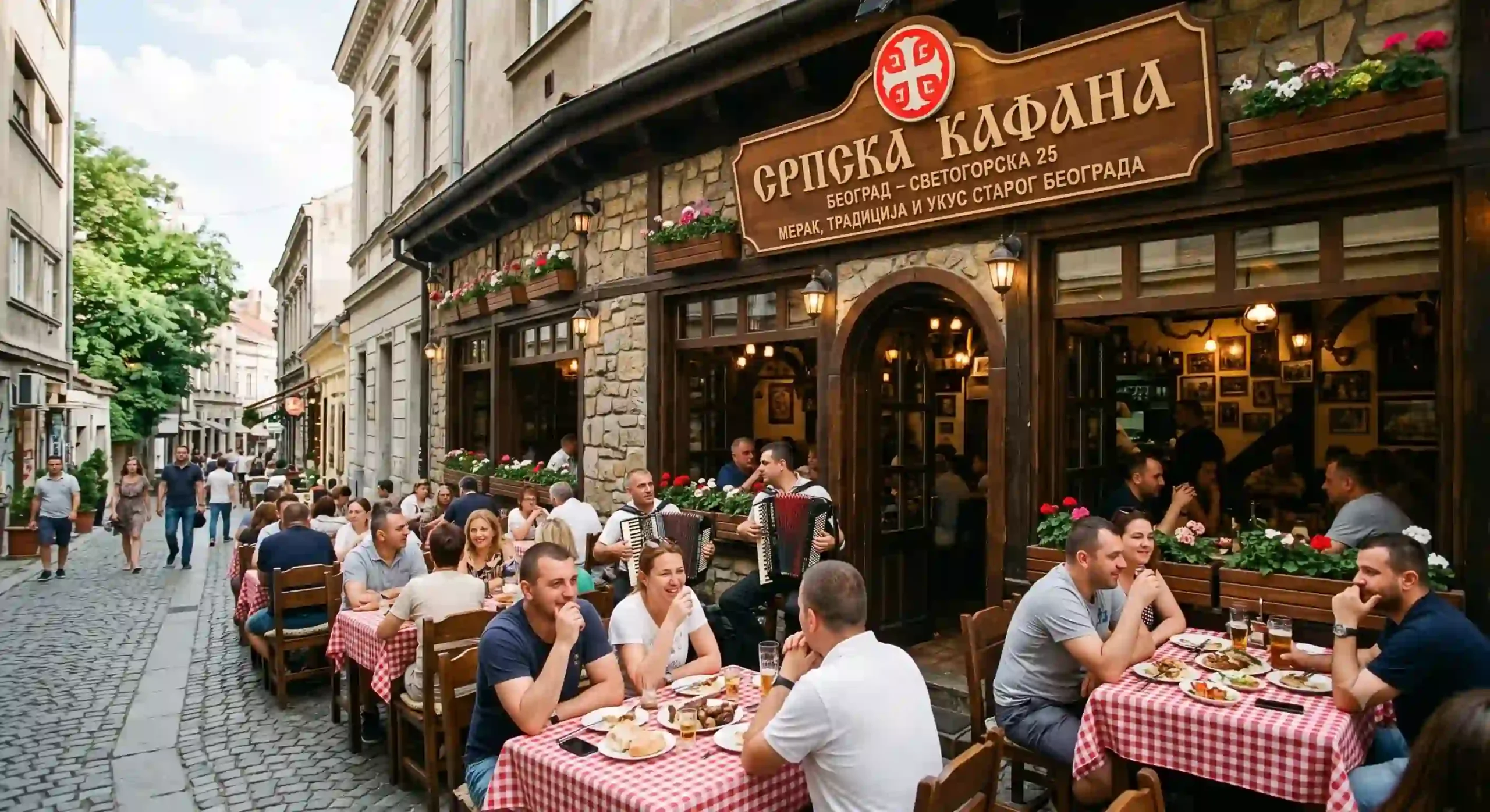 Autentični ulaѕ u tradicionalnu Srpsku kafanu u Beogradu (Svetogorska 25), sa gostima na ljetnoj terasi, tradicionalnim roštiljem, muzikom uživo i ćiriličnim natpisom na rustikalnoj zgradi od kamena i drveta.